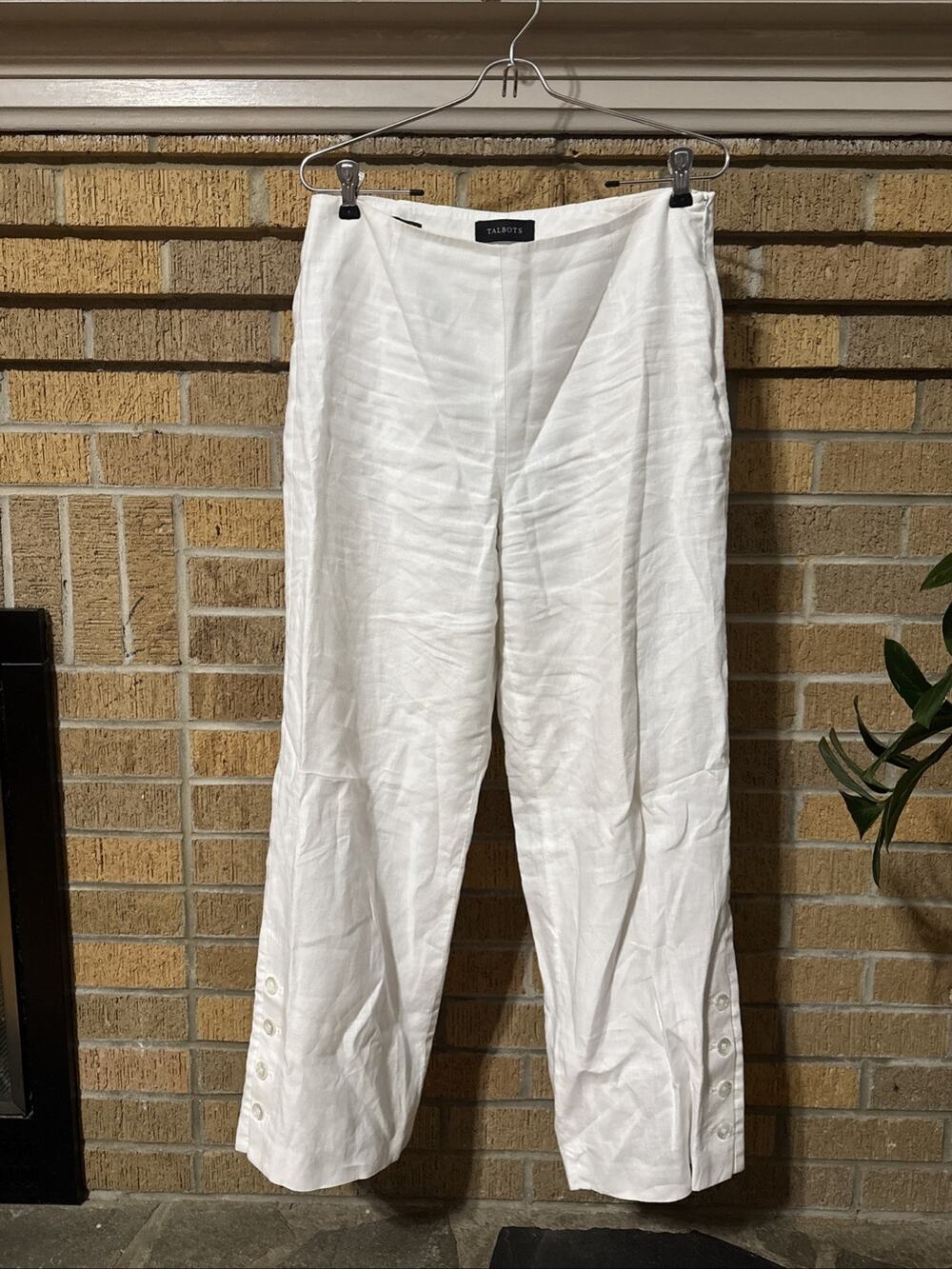TALBOTS High Waist 100% Linen Wide Leg Crop Palazzo Pants 8P White Ankle Buttons